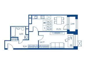 1-к квартира, строящийся дом, 45м2, 8/16 этаж