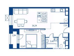 1-к квартира, строящийся дом, 52м2, 4/22 этаж