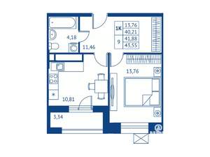 1-к квартира, строящийся дом, 40м2, 3/16 этаж