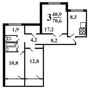 3-к квартира, вторичка, 73м2, 3/14 этаж
