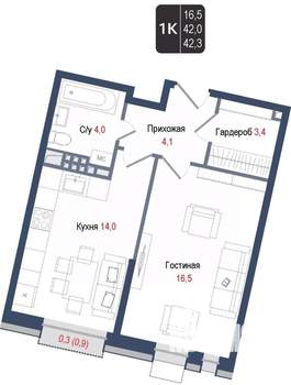 1-к квартира, вторичка, 42м2, 2/8 этаж