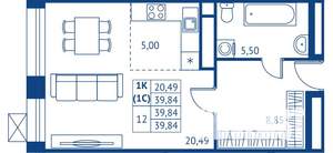 Студия квартира, строящийся дом, 40м2, 6/22 этаж