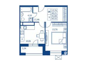 1-к квартира, строящийся дом, 40м2, 2/16 этаж