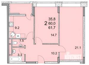 2-к квартира, вторичка, 62м2, 7/17 этаж