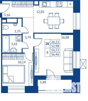 2-к квартира, строящийся дом, 53м2, 2/22 этаж