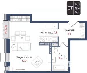 Студия квартира, вторичка, 32м2, 2/8 этаж