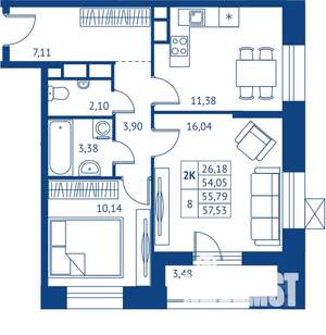 2-к квартира, строящийся дом, 54м2, 11/22 этаж