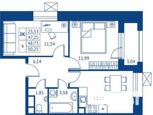 2-к квартира, строящийся дом, 47м2, 2/22 этаж