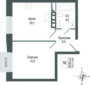 1-к квартира, строящийся дом, 32м2, 3/8 этаж
