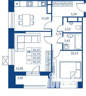 2-к квартира, строящийся дом, 53м2, 3/22 этаж