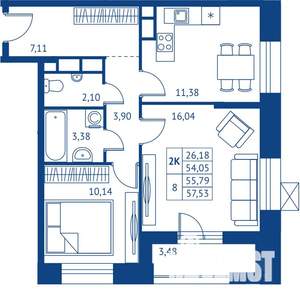2-к квартира, строящийся дом, 54м2, 20/22 этаж