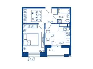 1-к квартира, строящийся дом, 40м2, 5/22 этаж