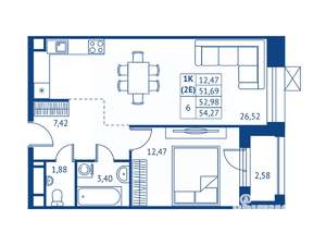 1-к квартира, строящийся дом, 52м2, 2/16 этаж