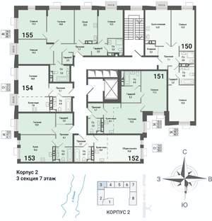 2-к квартира, строящийся дом, 65м2, 7/8 этаж