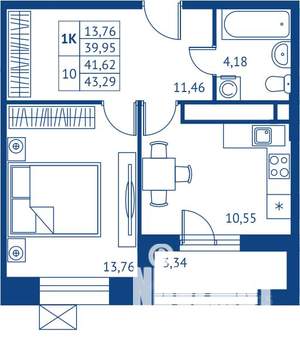 1-к квартира, строящийся дом, 40м2, 16/22 этаж