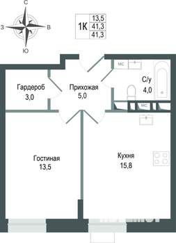 1-к квартира, строящийся дом, 41м2, 2/8 этаж