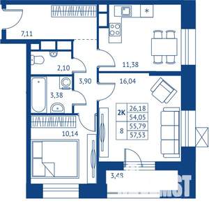 2-к квартира, строящийся дом, 54м2, 16/22 этаж