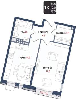 1-к квартира, вторичка, 42м2, 3/8 этаж
