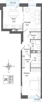 2-к квартира, строящийся дом, 54м2, 3/8 этаж