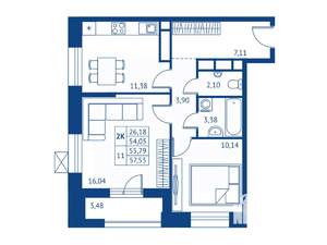 2-к квартира, строящийся дом, 54м2, 12/22 этаж