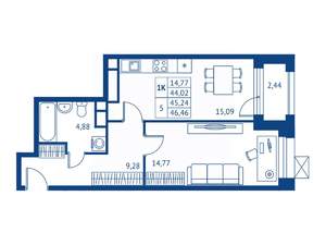 1-к квартира, строящийся дом, 44м2, 12/22 этаж