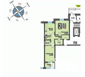 2-к квартира, вторичка, 67м2, 1/4 этаж