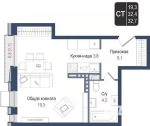 Студия квартира, вторичка, 32м2, 4/8 этаж