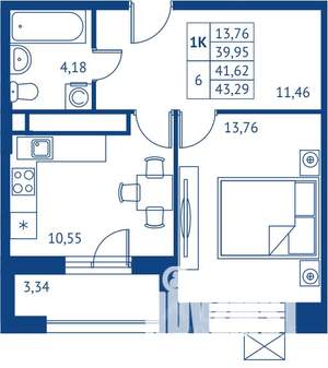 1-к квартира, строящийся дом, 40м2, 22/22 этаж