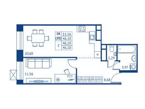 1-к квартира, строящийся дом, 46м2, 6/16 этаж