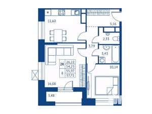 2-к квартира, строящийся дом, 54м2, 16/16 этаж