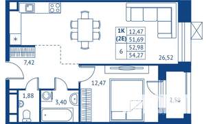 1-к квартира, строящийся дом, 52м2, 2/22 этаж