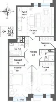 3-к квартира, вторичка, 70м2, 5/8 этаж