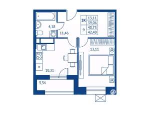 1-к квартира, строящийся дом, 39м2, 7/22 этаж