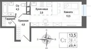 Студия квартира, строящийся дом, 28м2, 2/8 этаж