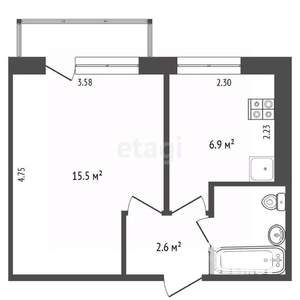 1-к квартира, вторичка, 28м2, 2/9 этаж