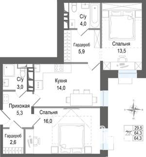 2-к квартира, строящийся дом, 64м2, 3/8 этаж