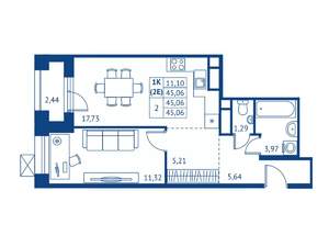 1-к квартира, строящийся дом, 45м2, 15/16 этаж