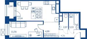 1-к квартира, строящийся дом, 44м2, 13/22 этаж