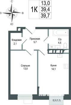 1-к квартира, строящийся дом, 39м2, 3/8 этаж