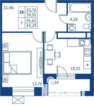 1-к квартира, строящийся дом, 40м2, 22/22 этаж