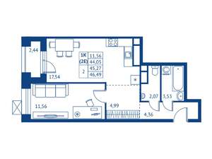 1-к квартира, строящийся дом, 44м2, 18/22 этаж