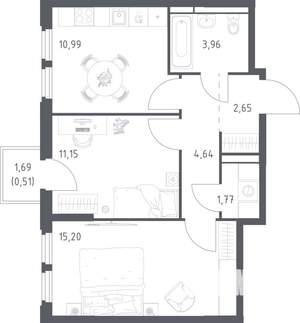 2-к квартира, строящийся дом, 51м2, 7/17 этаж