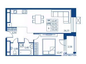 1-к квартира, строящийся дом, 51м2, 10/22 этаж