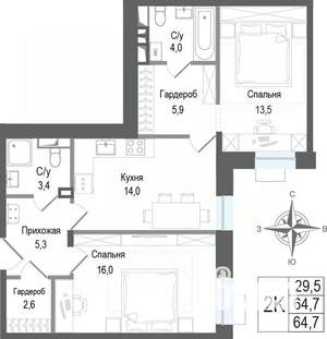 2-к квартира, строящийся дом, 65м2, 2/8 этаж