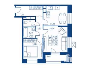 2-к квартира, строящийся дом, 54м2, 19/22 этаж