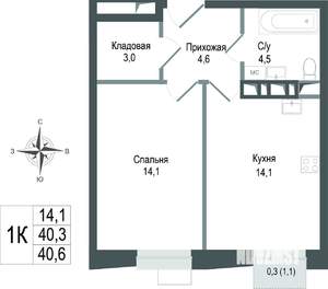 1-к квартира, строящийся дом, 40м2, 6/8 этаж