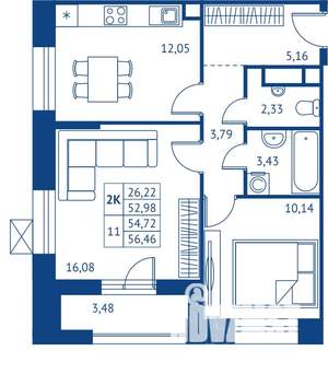 2-к квартира, строящийся дом, 53м2, 2/22 этаж
