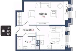 1-к квартира, вторичка, 39м2, 4/8 этаж