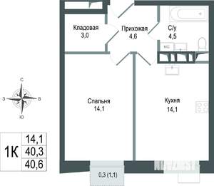 1-к квартира, строящийся дом, 40м2, 3/8 этаж