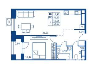 1-к квартира, строящийся дом, 51м2, 18/22 этаж